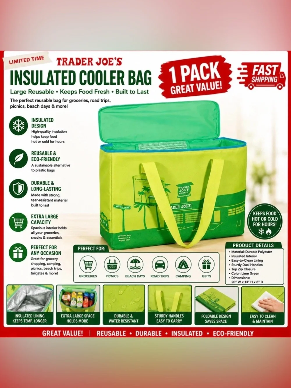 Trader Joe's 8 Gallons Reusable  Bag Cooler Large Insulated Tote Lime Green